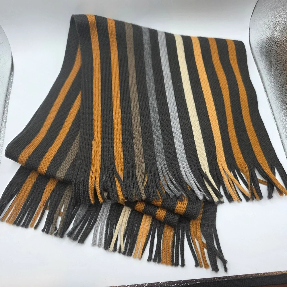 Johnston & Murphy Mens 100% Wool Scarf Striped Black Yellow Grey Made in Germany